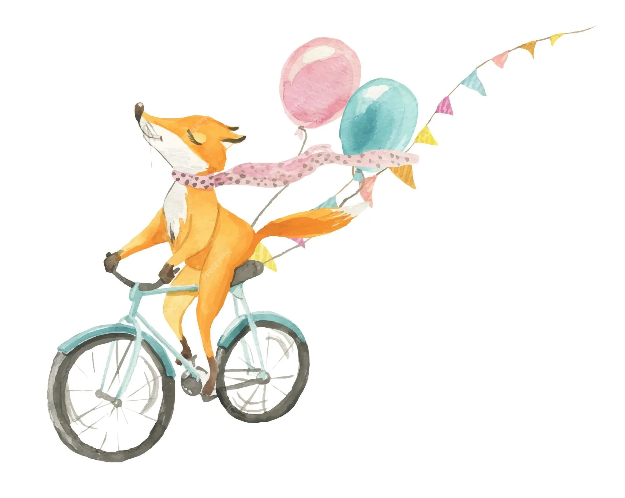 Ilustración acuarela de un zorro con un globo en bicicleta | Vector Premium Ilustración acuarela de un zorro con un globo en bicicleta | Vector Premium