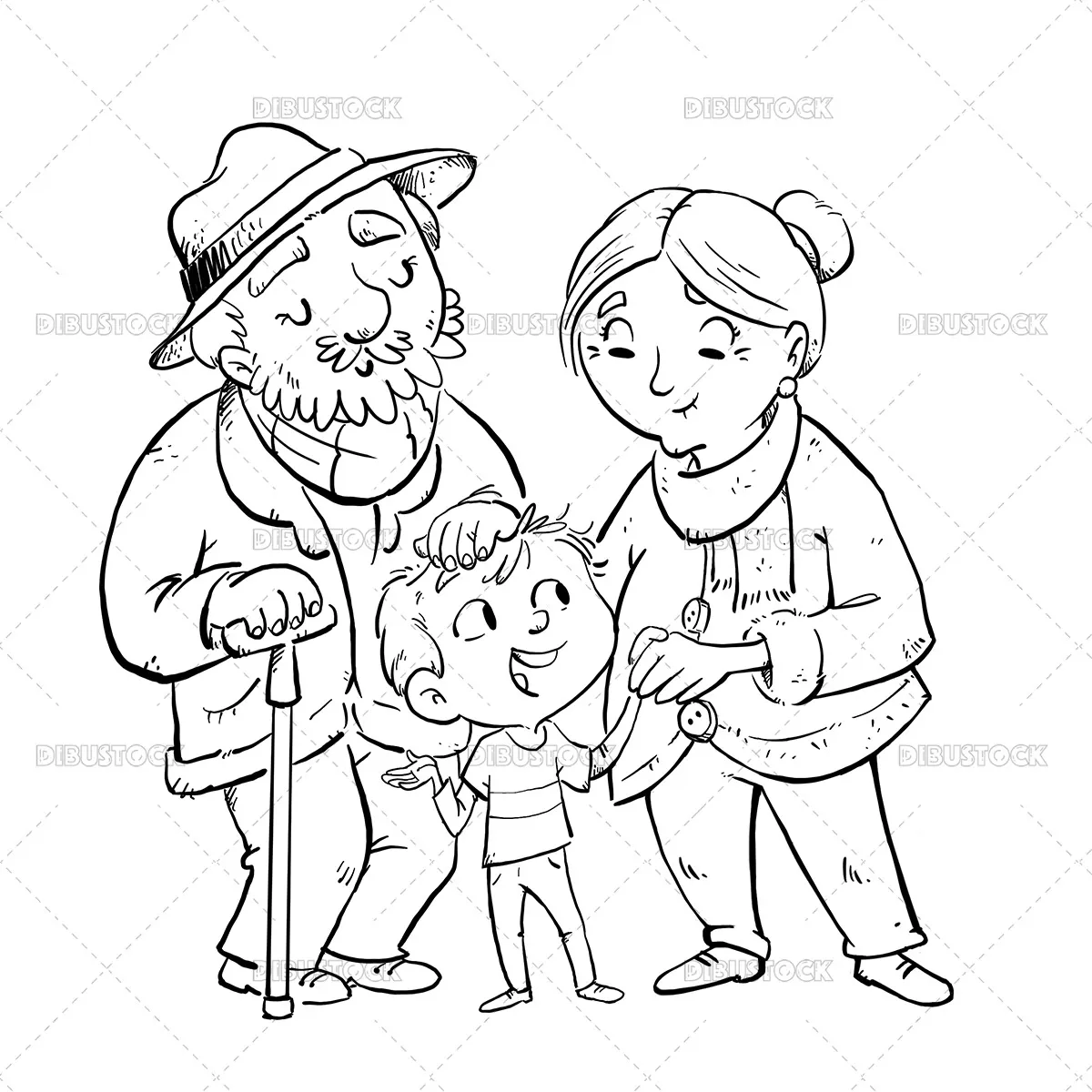 Ilustración para colorear de abuelos con su nieto - Dibustock, dibujos e ilustraciones infantiles para cuentos Ilustración para colorear de abuelos con su nieto - Dibustock, dibujos e ilustraciones infantiles para cuentos