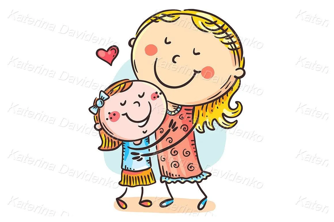 Ilustración de dibujos animados de mamá abraza a la hija imágenes  prediseñadas de la familia Doodle madre abrazando al niño - Etsy México