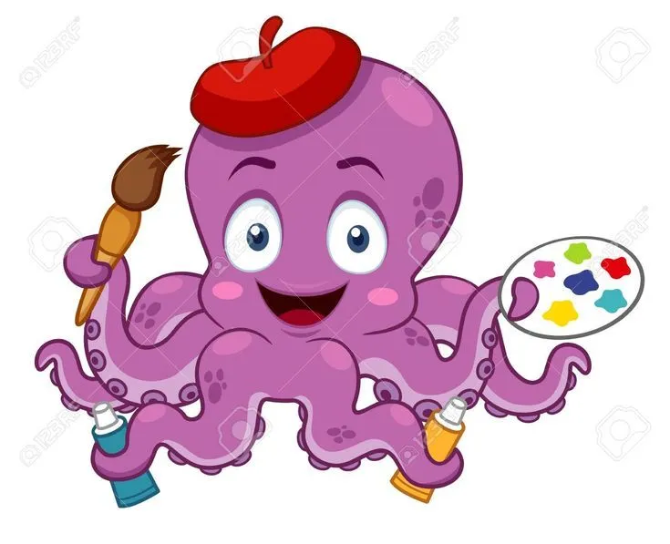 Ilustración de dibujos animados: Pulpo artista. Sostiene la paleta ... Ilustración de dibujos animados: Pulpo artista. Sostiene la paleta ...