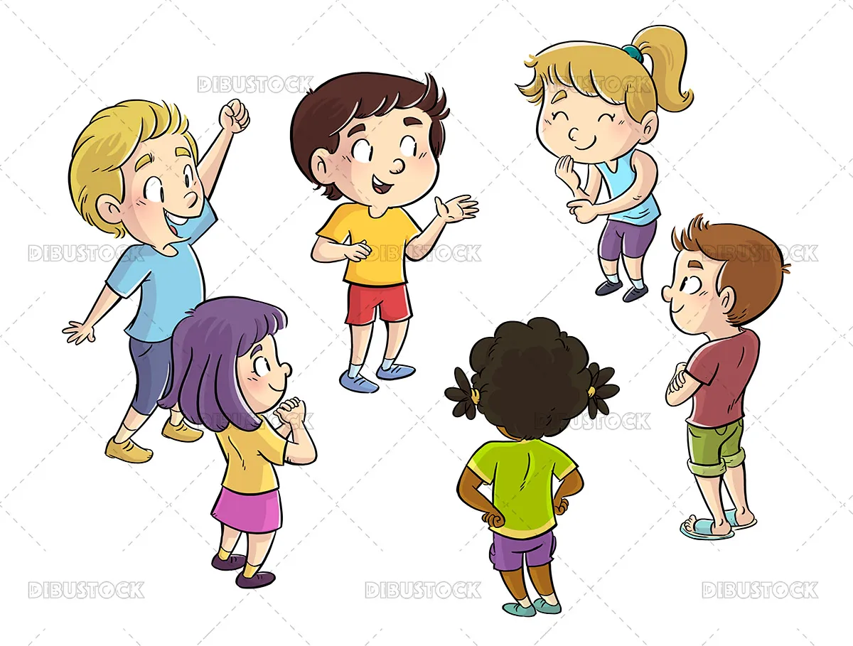 ilustración de un grupo de niños hablando - Dibustock, dibujos e ilustraciones infantiles para cuentos ilustración de un grupo de niños hablando - Dibustock, dibujos e ilustraciones infantiles para cuentos