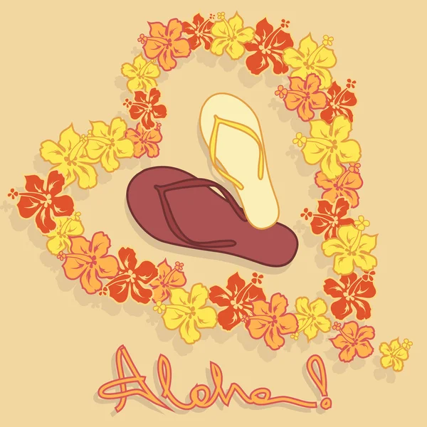 Ilustración de la guirnalda de flores hawaiana y chanclas — Vector ...