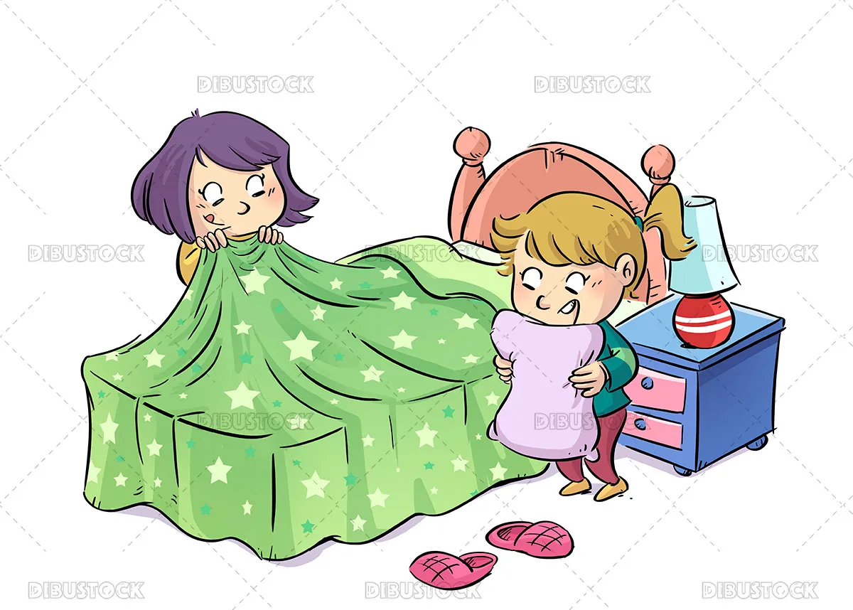 Ilustración de dos niñas haciendo la cama - Dibustock, dibujos e ilustraciones infantiles para cuentos Ilustración de dos niñas haciendo la cama - Dibustock, dibujos e ilustraciones infantiles para cuentos