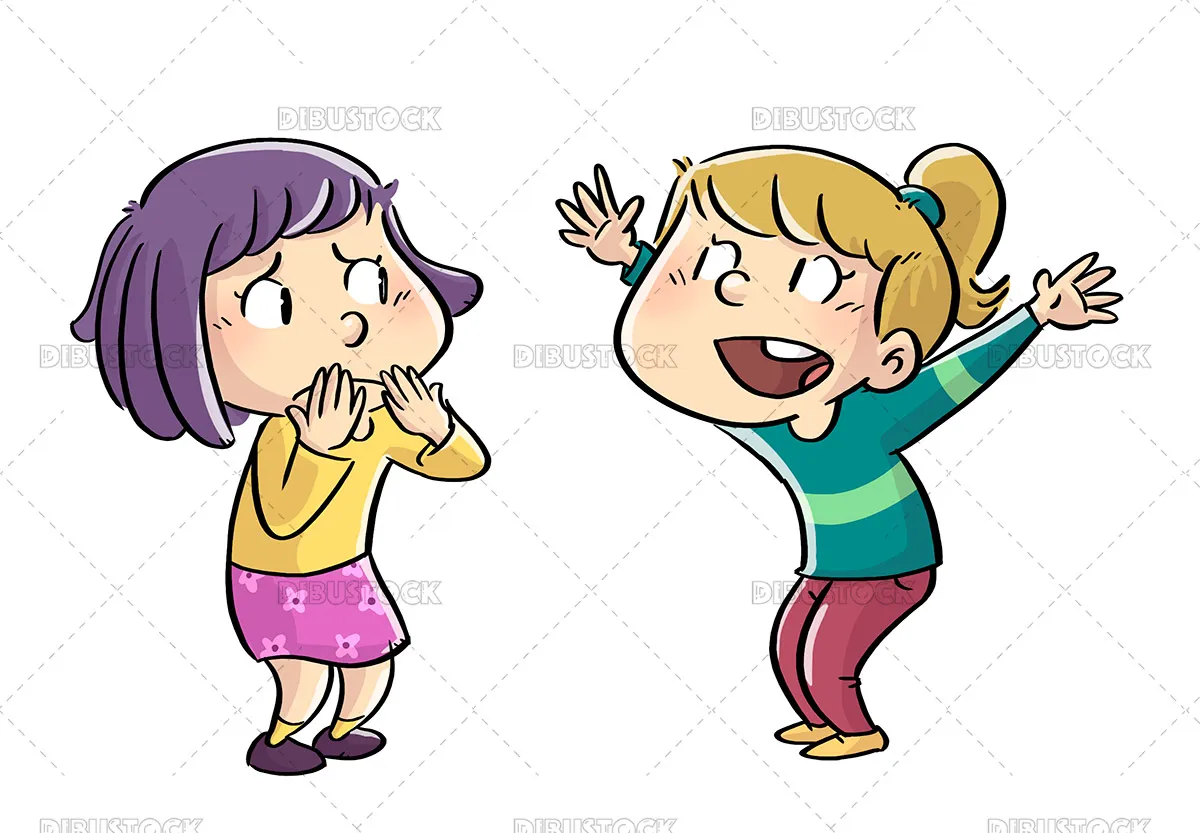 ilustración de dos niñas hablando preocupadas - Dibustock, dibujos e ilustraciones infantiles para cuentos ilustración de dos niñas hablando preocupadas - Dibustock, dibujos e ilustraciones infantiles para cuentos