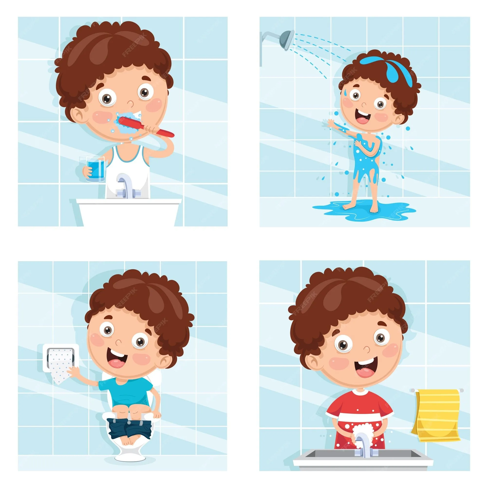 Ilustración de niño bañándose, cepillarse los dientes, lavarse las manos  después de inodoro | Vector Premium