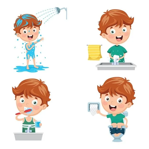Ilustración de niño bañándose, cepillarse los dientes, lavarse las manos  después de inodoro | Vector Premium