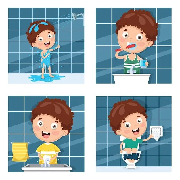 Ilustración de niño bañándose, cepillarse los dientes, lavarse las manos  después de inodoro | Vector Premium