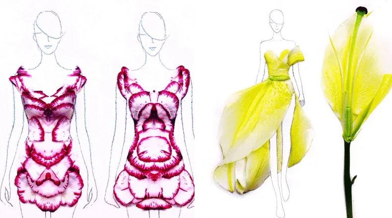 Ilustraciones fashion esbozado con pétalos de flores reales ...