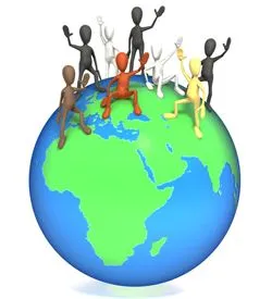 Imagen 3D de personas encima de la bola del mundo