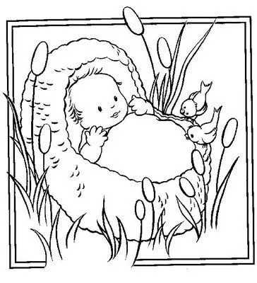 imagen de bebe moises en su cuna para colorear