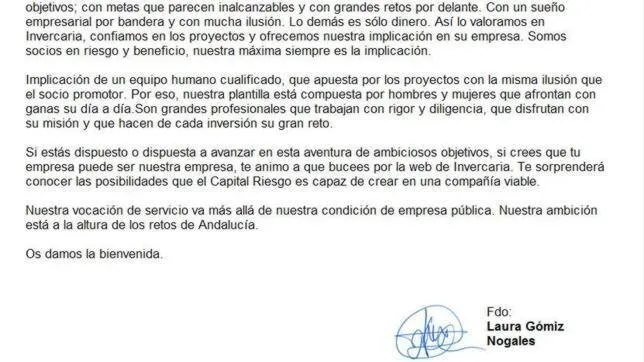 Imagen de la carta de saludo de Laura Gómiz retirada hoy de la web ... Imagen de la carta de saludo de Laura Gómiz retirada hoy de la web ...