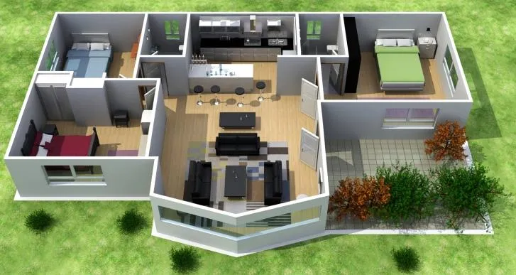 Plano de casa de 3 dormitorios, 2 baños y en 3D | Planos de Casas Plano de casa de 3 dormitorios, 2 baños y en 3D | Planos de Casas