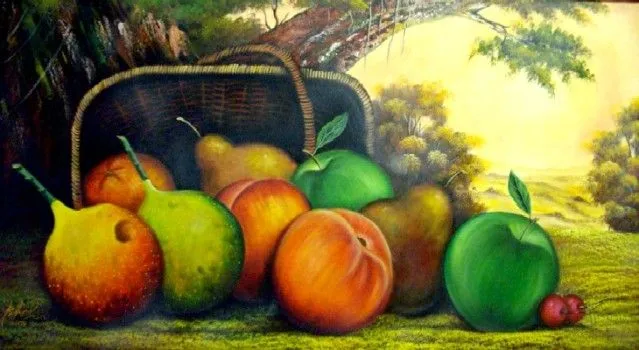 Imágenes Arte Pinturas: BODEGON Y PAISAJE CON VERDES FRUTAS TROPICALES