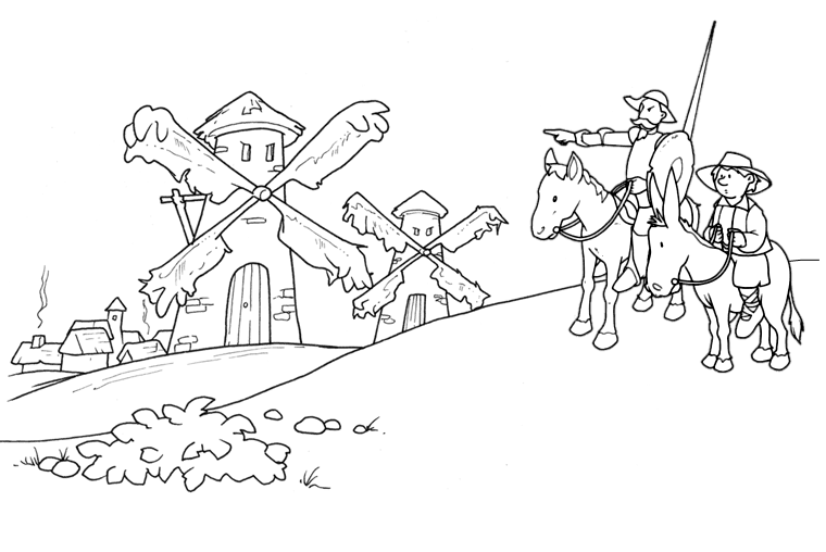 Don Quijote y los molinos para colorear