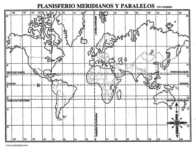 Planisferio mudo del mundo con las lines imaginarias y los nombres ...