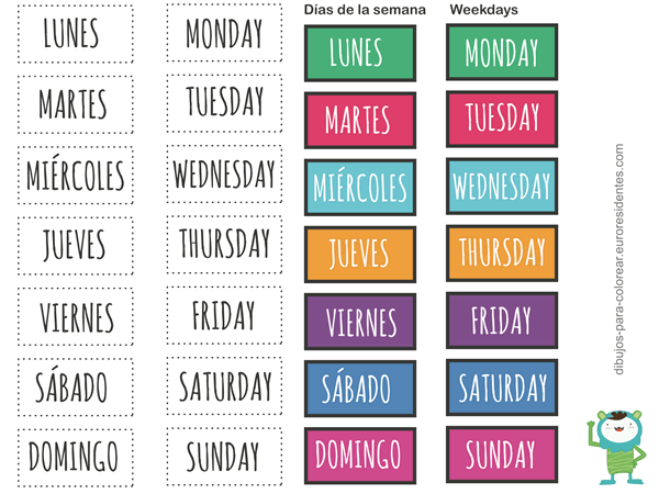 Imprimible. Días de la semana en inglés y castellano. Free ... Imprimible. Días de la semana en inglés y castellano. Free ...