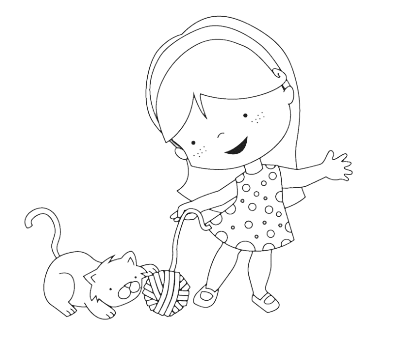 Imprimir dibujos para colorear : Niña con gato Imprimir dibujos para colorear : Niña con gato