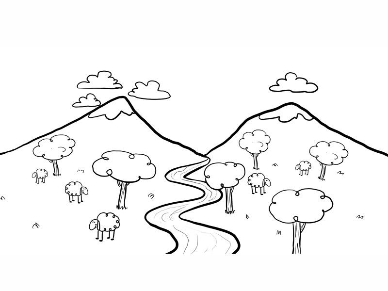 Imprimir dibujos para colorear : Paisaje con río Imprimir dibujos para colorear : Paisaje con río