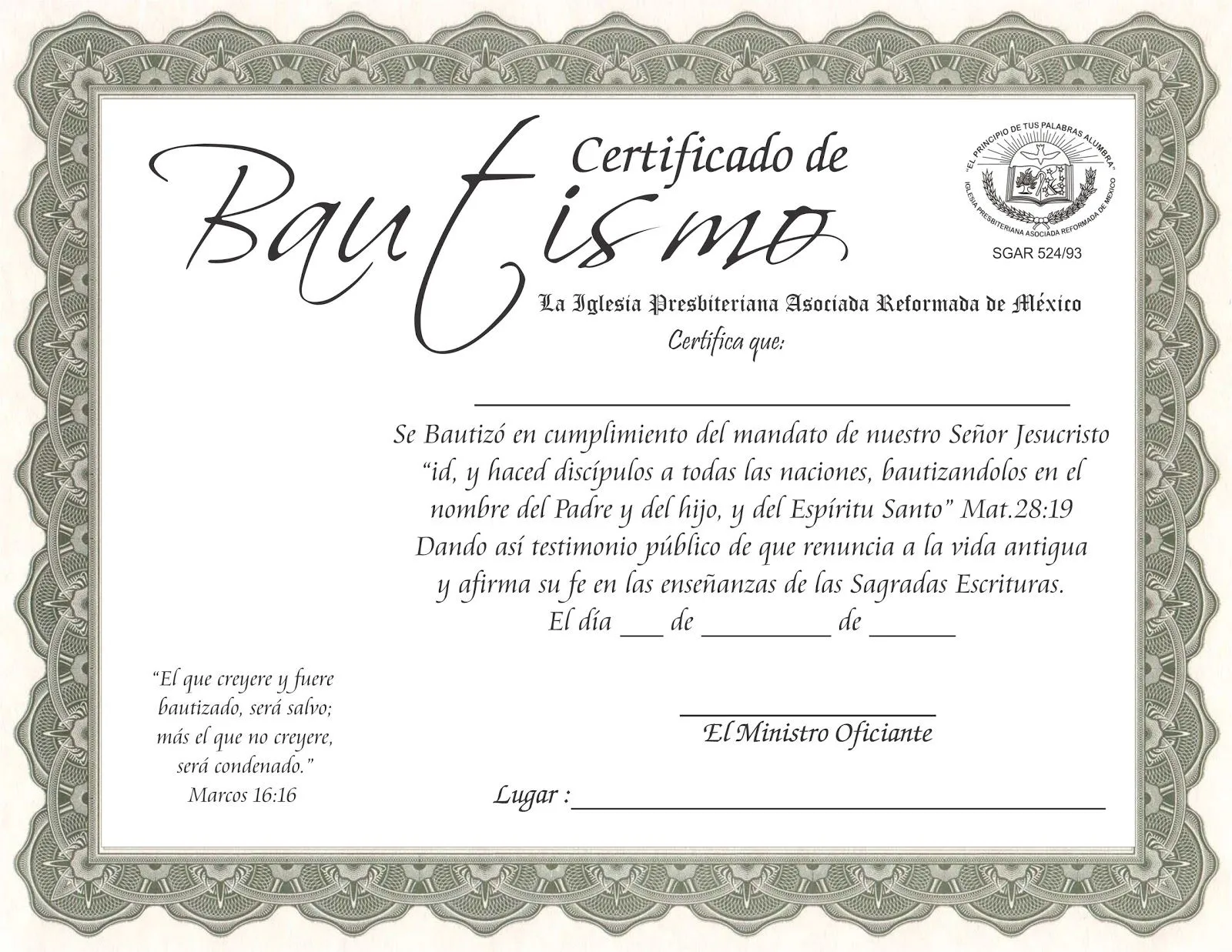 CERTIFICADO DE BAUTISMO ~ Iglesia Presbiteriana Asociada Reformada ... CERTIFICADO DE BAUTISMO ~ Iglesia Presbiteriana Asociada Reformada ...