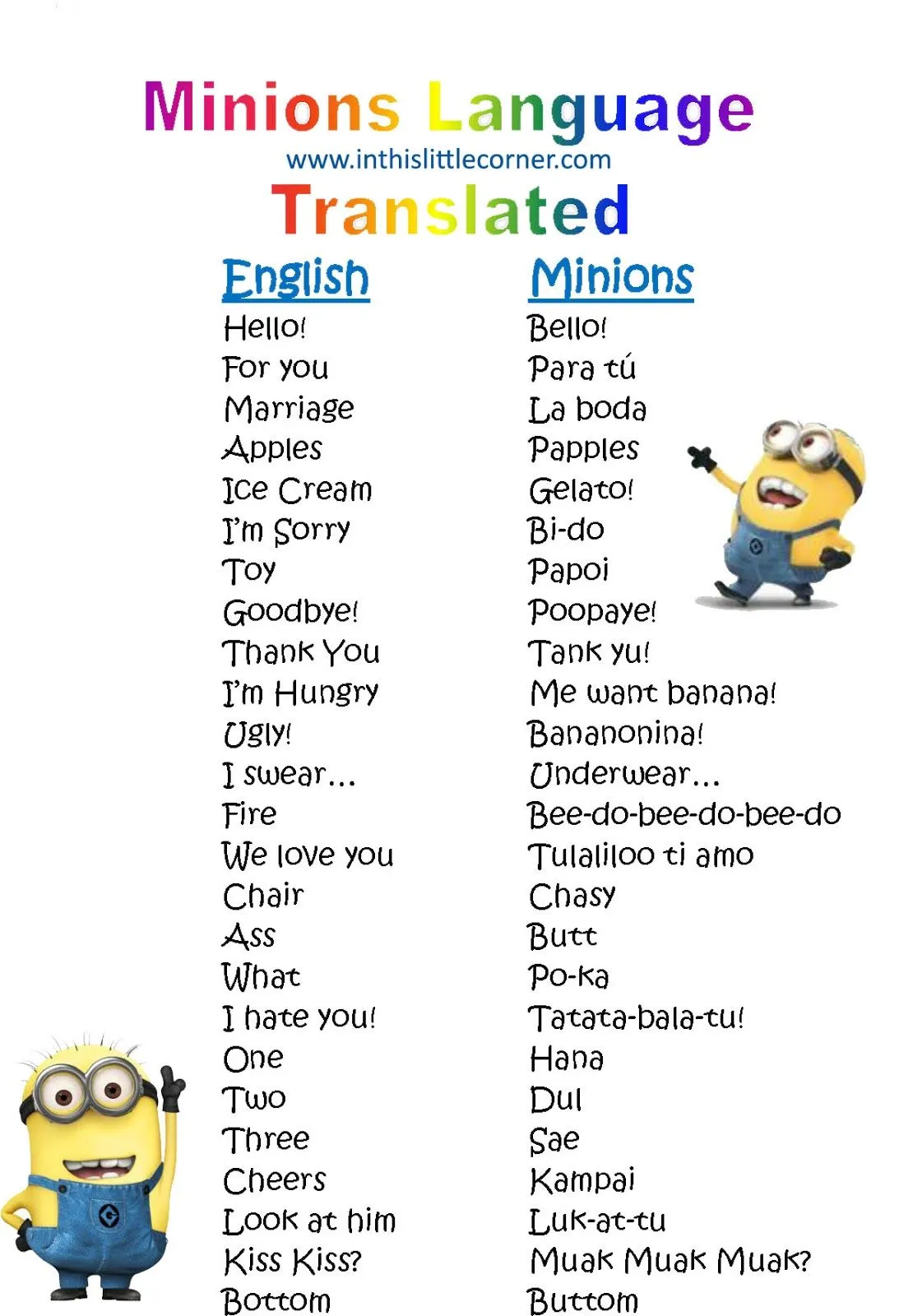 In this little corner: Minion Language Translated - Despicable Me