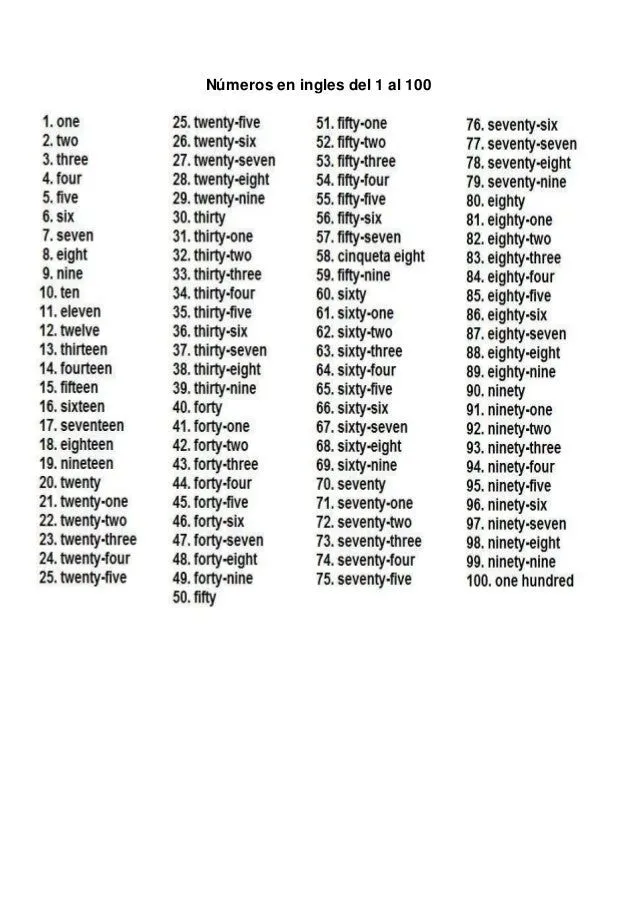 en ingles del 1 al 100