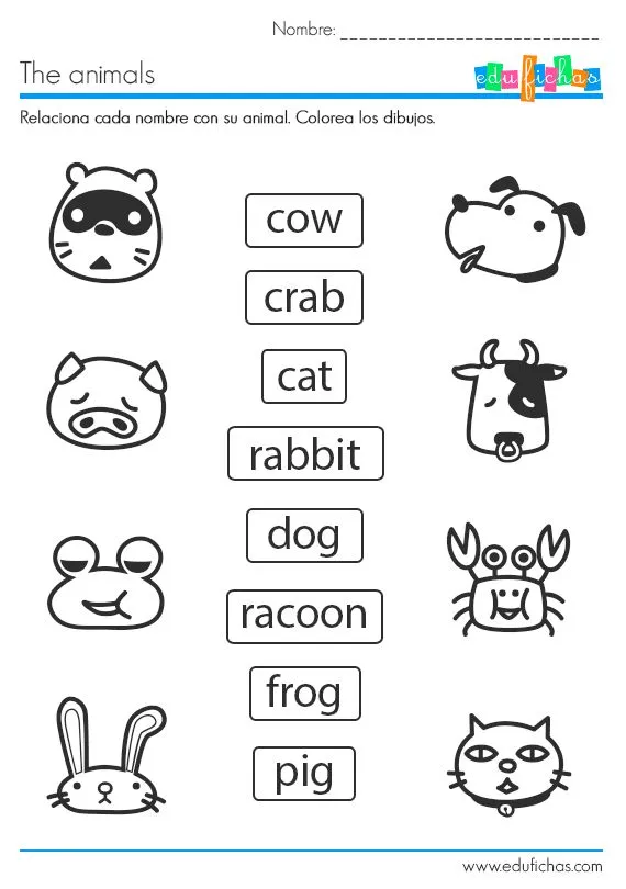 Ficha para aprender los nombres de los animales en inglés ...