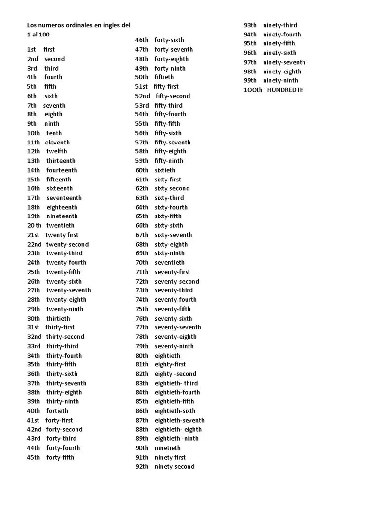 Inglés Los Numeros Ordinales en Ingles Del 1 Al 100 | PDF | Sports |  Violence