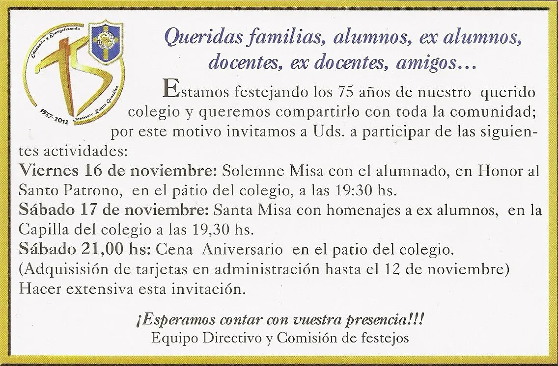 INSTITUTO SUPERIOR ROQUE GONZALEZEstamos celebrando los 75 – Invitación INSTITUTO SUPERIOR ROQUE GONZALEZEstamos celebrando los 75 – Invitación
