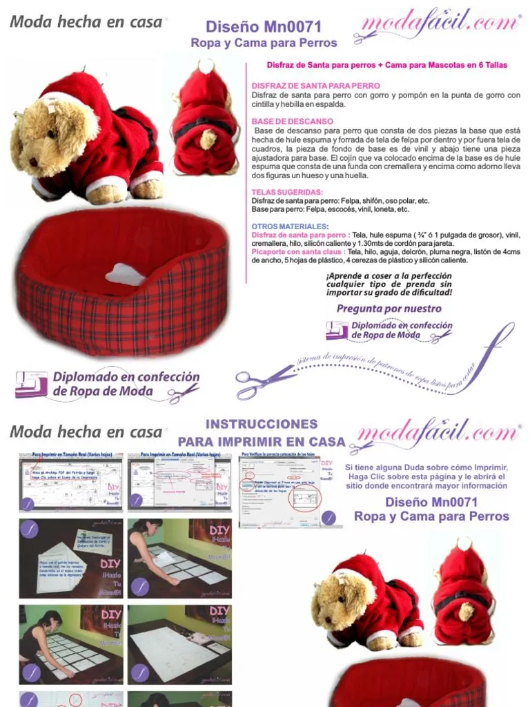 Instrucciones de Costura de Moldes de Disfraz de Santa para Perros y Cama Mascota Mn0071 | PDF Instrucciones de Costura de Moldes de Disfraz de Santa para Perros y Cama Mascota Mn0071 | PDF