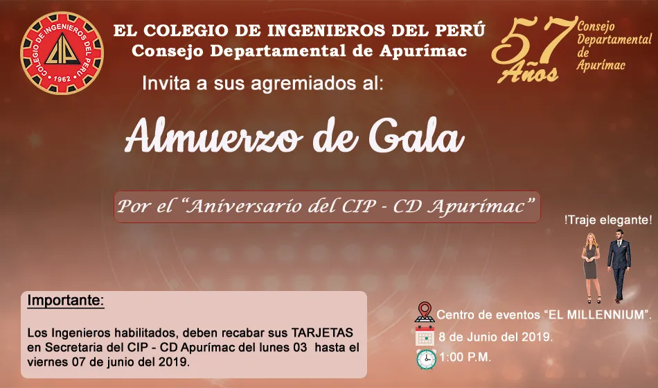 Invitación al Almuerzo de Gala - Colegio de Ingenieros Apurimac Invitación al Almuerzo de Gala - Colegio de Ingenieros Apurimac