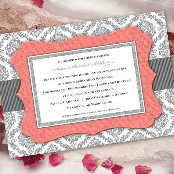 Invitación De La Boda, Gris Y Coral De La Invitación, Coral E ... Invitación De La Boda, Gris Y Coral De La Invitación, Coral E ...