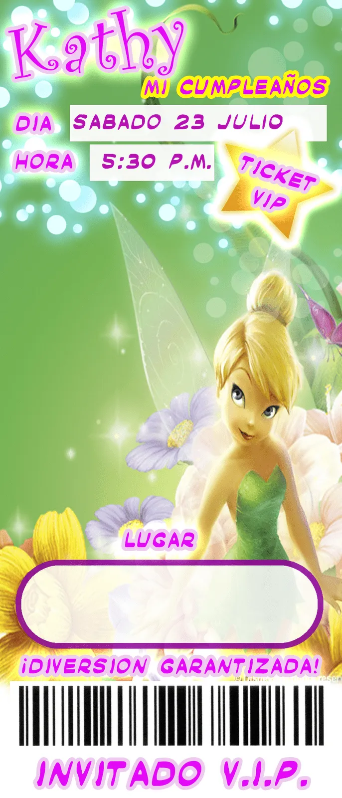 Invitación de Cumpleaños estilo Ticket con diseño de Campanita ... Invitación de Cumpleaños estilo Ticket con diseño de Campanita ...