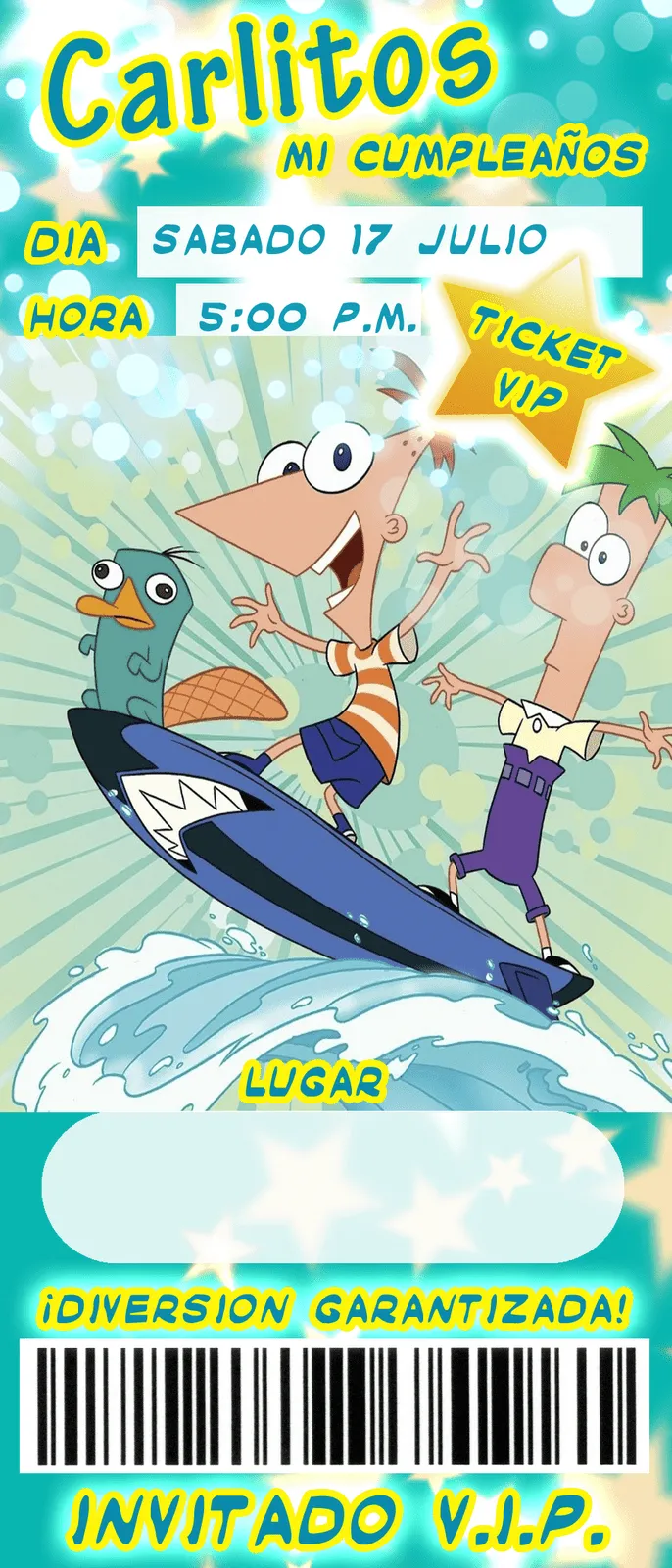 Invitación de Cumpleaños estilo Ticket con diseño de Phineas y ...
