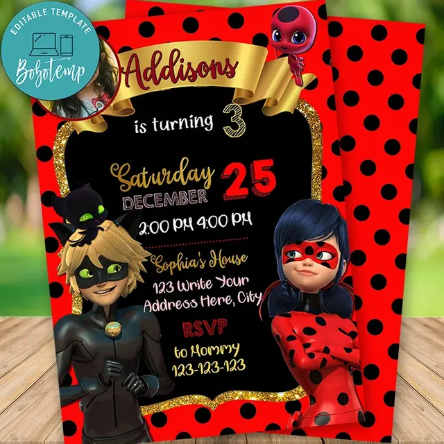 Invitación de cumpleaños de Ladybug milagrosa editable con foto DIY |  Bobotemp