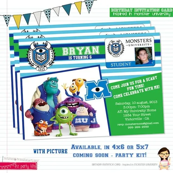 Invitación Cumpleaños Monsters University con Foto por EZPARTYKITS Invitación Cumpleaños Monsters University con Foto por EZPARTYKITS