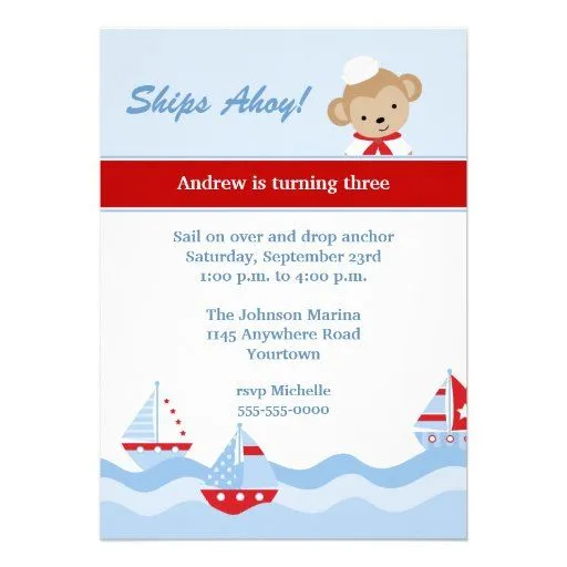 Invitación del cumpleaños del velero y del mono de Zazzle.