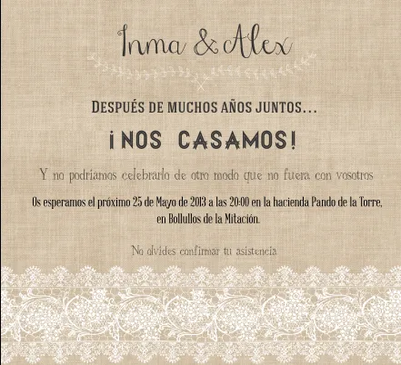 Invitación con encajes y arpillera imprimible | Mi boda diy Invitación con encajes y arpillera imprimible | Mi boda diy