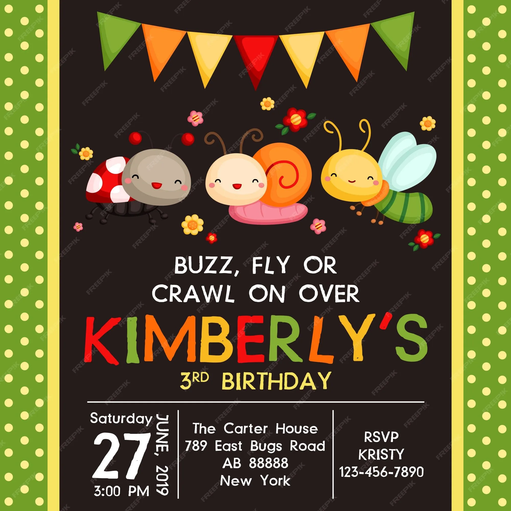 Invitación linda del cumpleaños de los insectos | Vector Premium