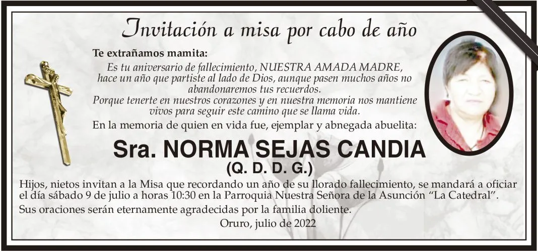 Invitación a misa por cabo de año: Sra. NORMA SEJAS CANDIA (Q. D. D. G.) - Periódico La Patria Invitación a misa por cabo de año: Sra. NORMA SEJAS CANDIA (Q. D. D. G.) - Periódico La Patria