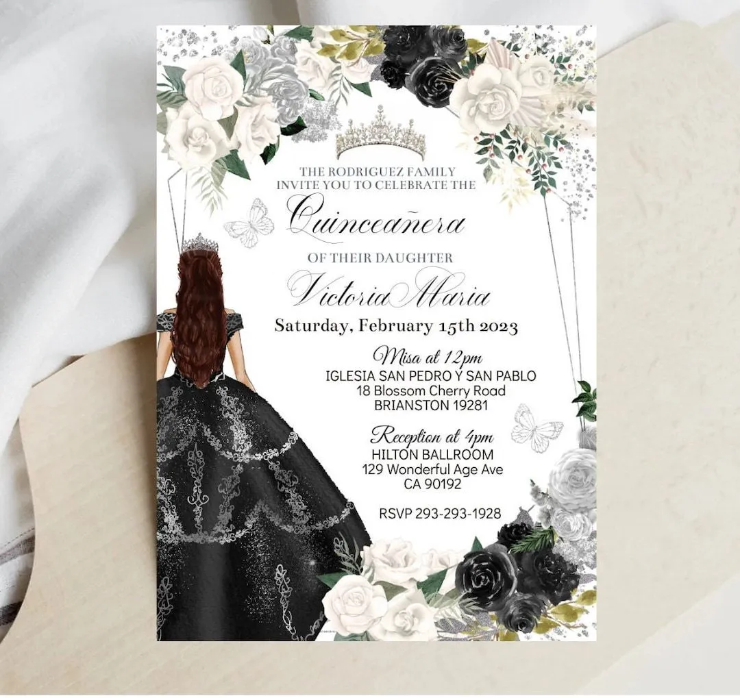 Invitación de Quinceañera Negro Blanco Plata Floral Plantilla - Etsy México