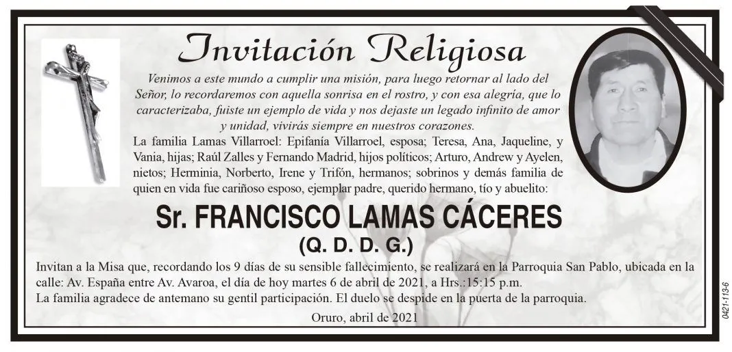 Invitación Religiosa: Sr. FRANCISCO LAMAS CÁCERES (Q. D. D. G.) - Periódico La Patria Invitación Religiosa: Sr. FRANCISCO LAMAS CÁCERES (Q. D. D. G.) - Periódico La Patria