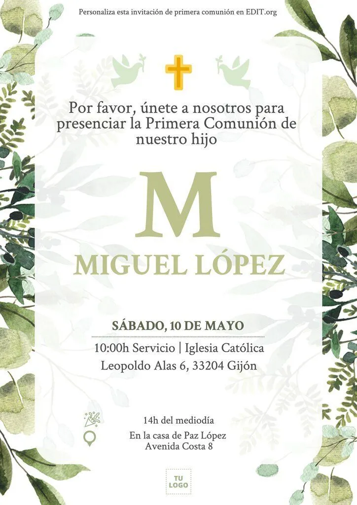 Invitaciones para Primera Comunión editables