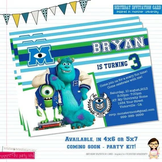Invitación Cumpleaños Monsters University sin Foto por EZPARTYKITS Invitación Cumpleaños Monsters University sin Foto por EZPARTYKITS