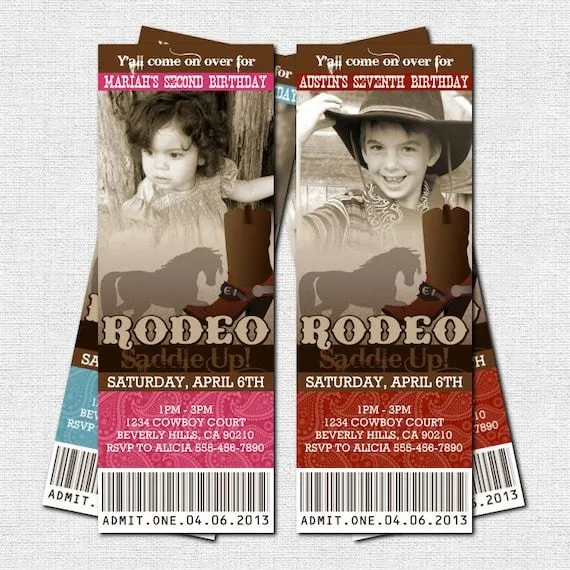 INVITACIONES TICKET WESTERN Rodeo vaquero o vaquera por nowanorris