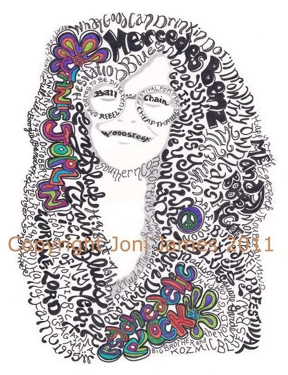 Janis Joplin retrato Word Art lápiz y tinta por CalligramORama
