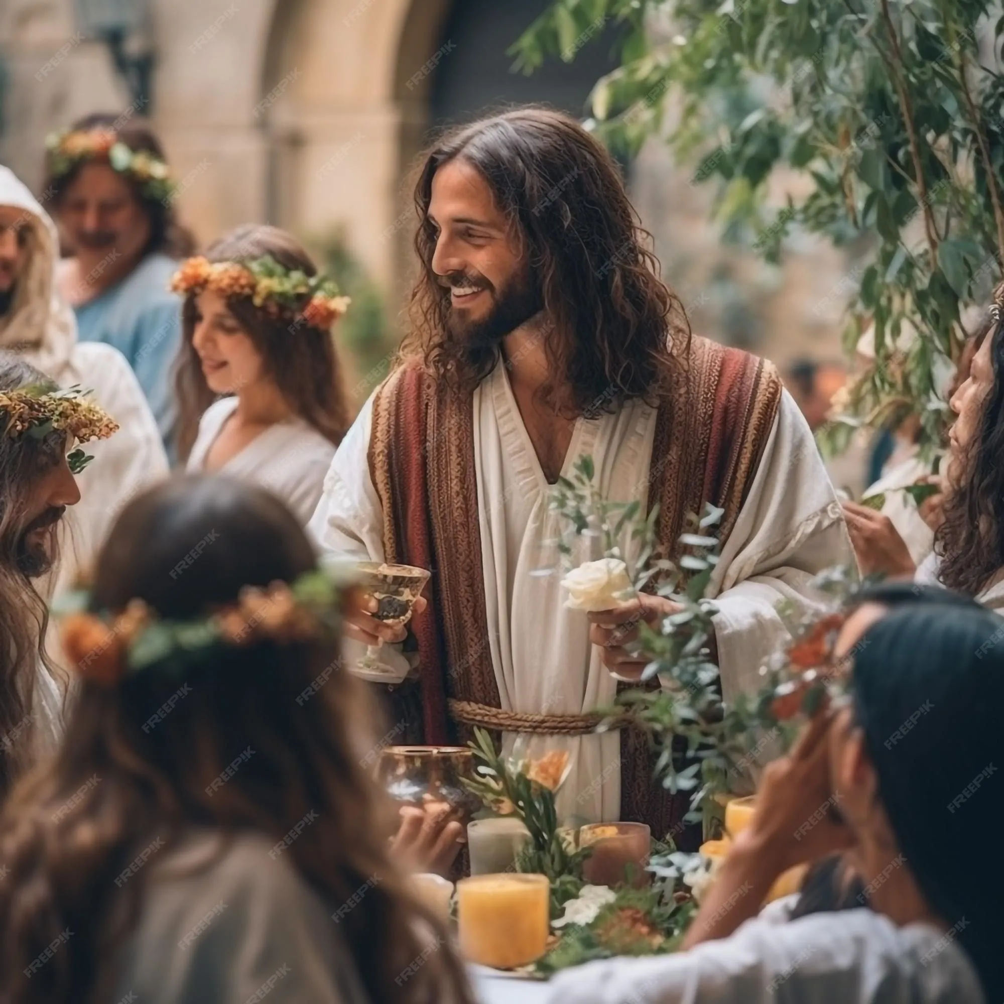 Jesús en las bodas de caná de galilea convirtió el agua en vino | Foto Premium Jesús en las bodas de caná de galilea convirtió el agua en vino | Foto Premium
