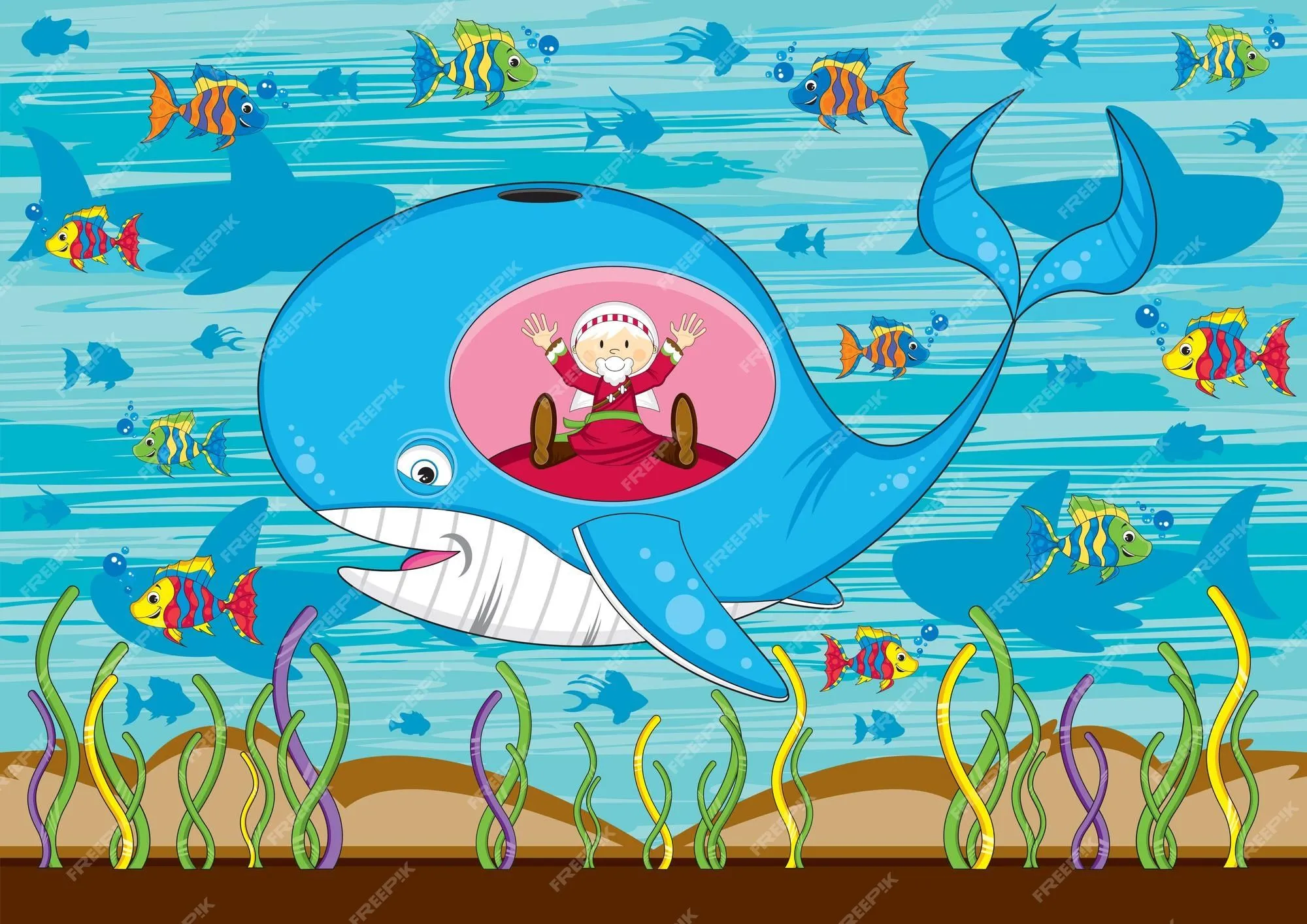 Jonás y la ballena con peces tropicales y tiburones ilustración bíblica | Vector Premium Jonás y la ballena con peces tropicales y tiburones ilustración bíblica | Vector Premium