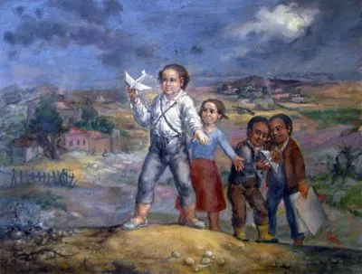 Juan Barba. Paisaje costumbrista con niños jugando en los arrabales ... Juan Barba. Paisaje costumbrista con niños jugando en los arrabales ...
