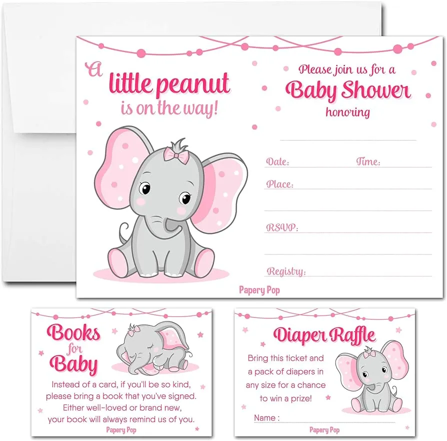 Juego de 25 invitaciones para baby shower para niñas con sobres, boletos para rifle de pañales y tarjetas de solicitud de libro de baby shower – Elefante : Amazon.com.mx: Bebé