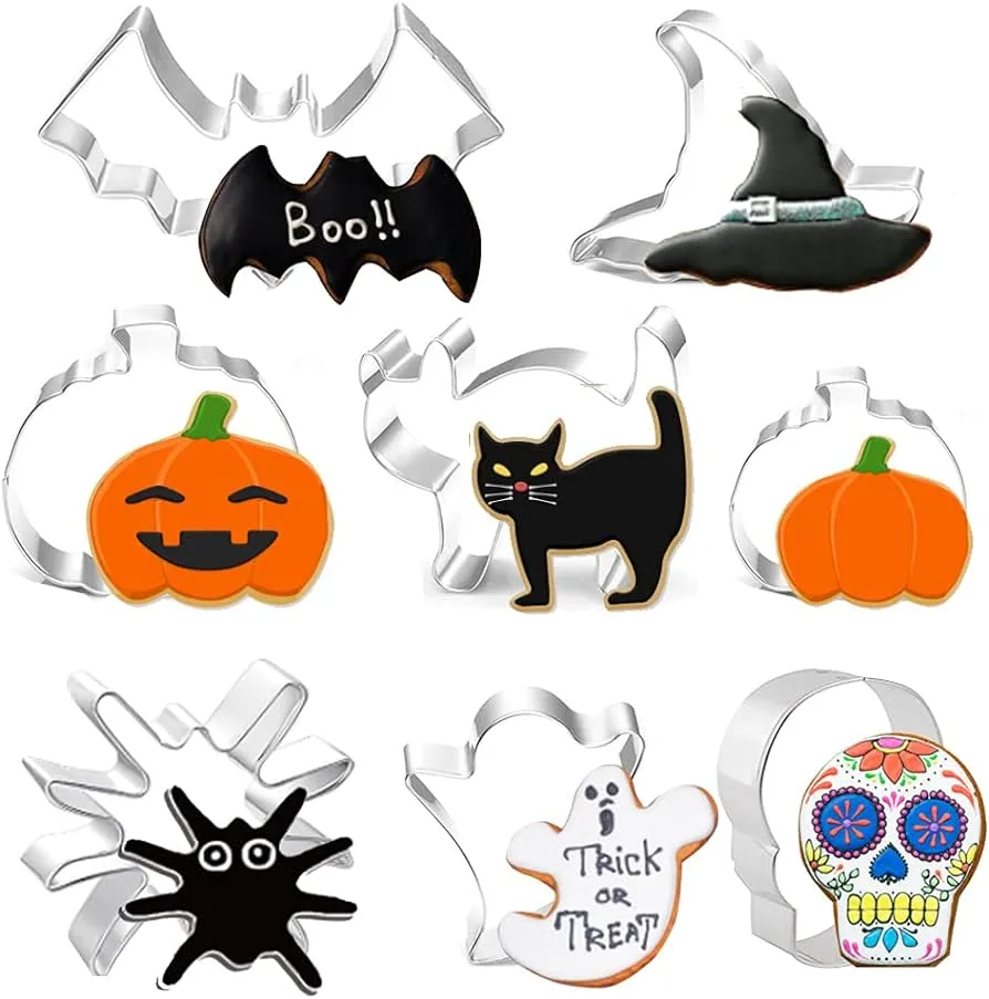 Juego de cortadores de galletas de Halloween, 8 piezas de moldes de acero inoxidable para hornear, Juego de cortadores de galletas de Halloween, 8 piezas de moldes de acero inoxidable para hornear,